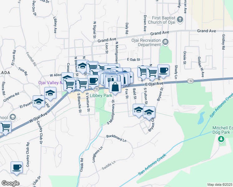 map of restaurants, bars, coffee shops, grocery stores, and more near 108 South Montgomery Street in Ojai