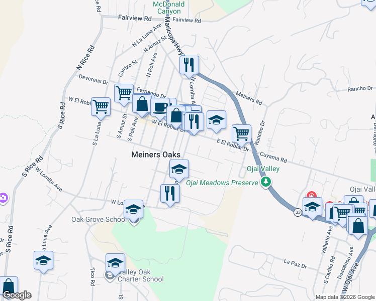 map of restaurants, bars, coffee shops, grocery stores, and more near 160 South Lomita Avenue in Ojai
