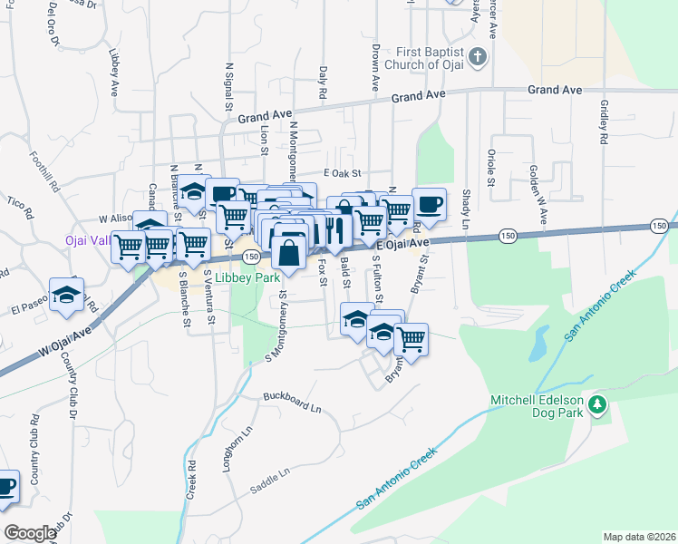 map of restaurants, bars, coffee shops, grocery stores, and more near 111 Bald Street in Ojai