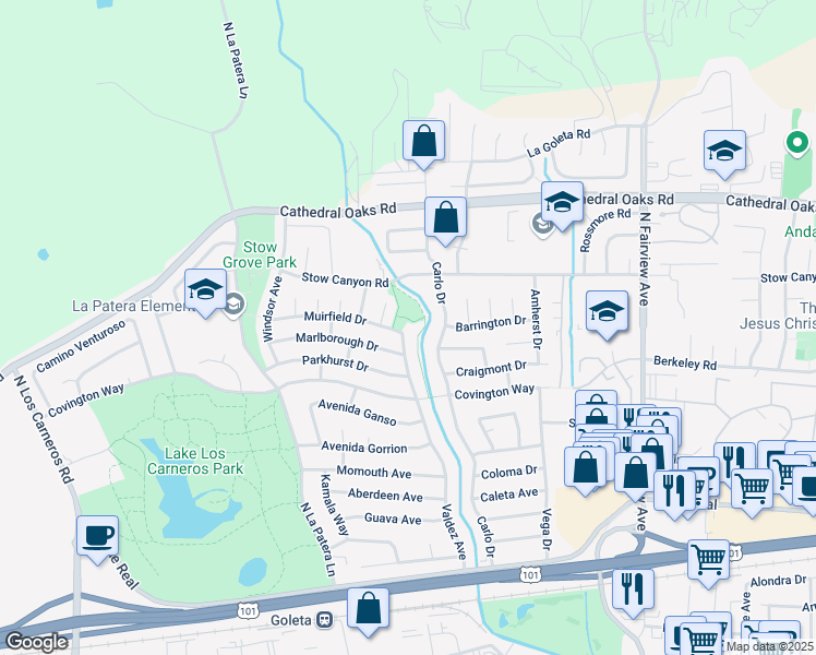 map of restaurants, bars, coffee shops, grocery stores, and more near 498 Valdez Avenue in Goleta