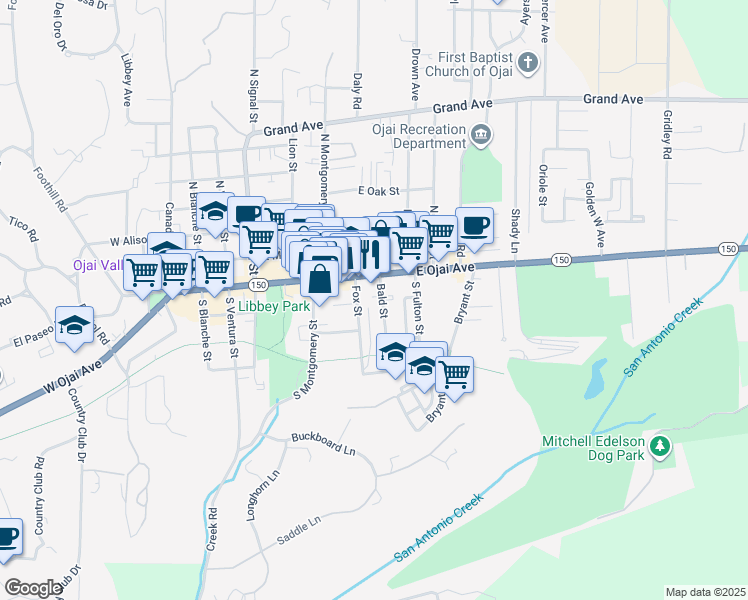 map of restaurants, bars, coffee shops, grocery stores, and more near 111 Bald Street in Ojai