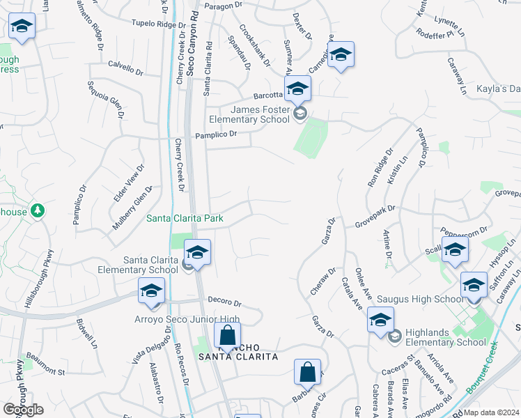 map of restaurants, bars, coffee shops, grocery stores, and more near 22467 Guadilamar Drive in Santa Clarita