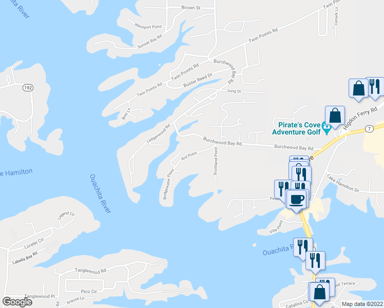 map of restaurants, bars, coffee shops, grocery stores, and more near 121 Ard Point in Garland County