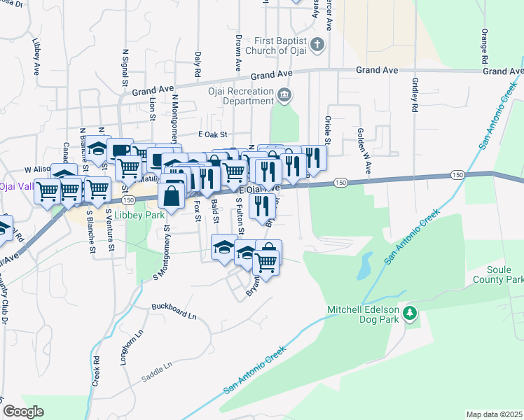 map of restaurants, bars, coffee shops, grocery stores, and more near 815 East Ojai Avenue in Ojai