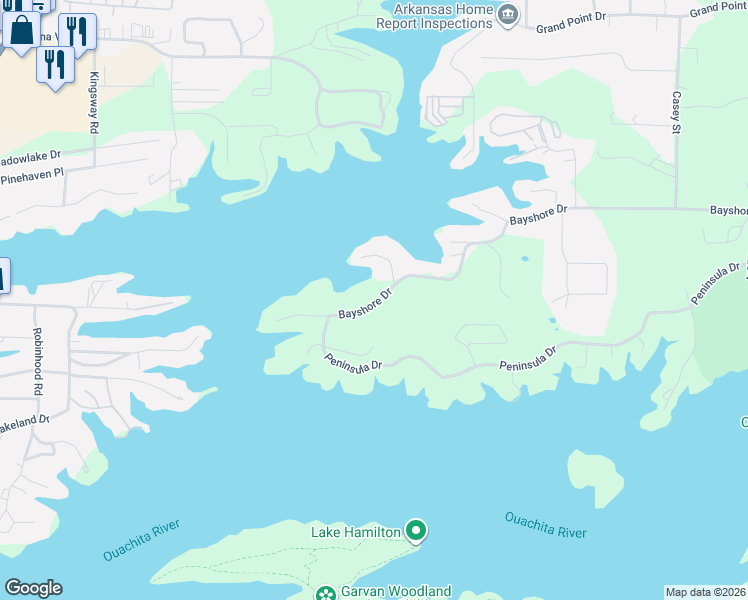 map of restaurants, bars, coffee shops, grocery stores, and more near 630 Bayshore Drive in Hot Springs