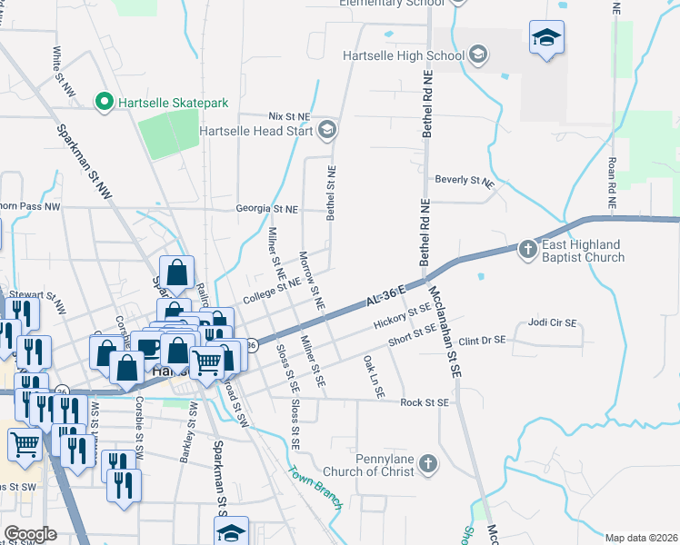 map of restaurants, bars, coffee shops, grocery stores, and more near 602 College Street Northeast in Hartselle