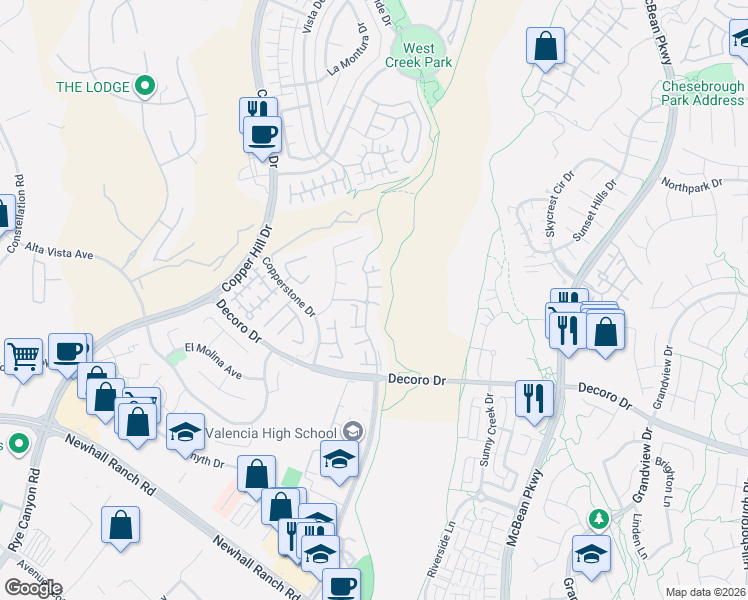 map of restaurants, bars, coffee shops, grocery stores, and more near 24161 Arrowhead Court in Santa Clarita