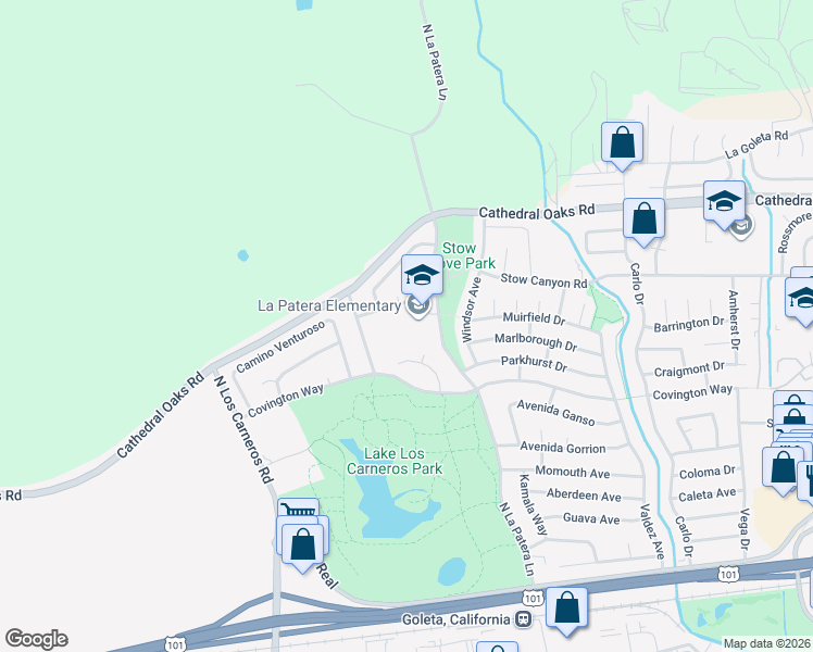 map of restaurants, bars, coffee shops, grocery stores, and more near 555 North La Patera Lane in Goleta