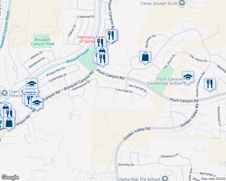 map of restaurants, bars, coffee shops, grocery stores, and more near 20550 Lisa Gail Drive in Santa Clarita
