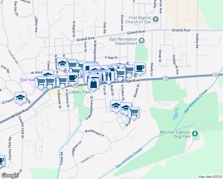 map of restaurants, bars, coffee shops, grocery stores, and more near 109 Bald Street in Ojai