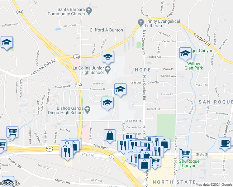 map of restaurants, bars, coffee shops, grocery stores, and more near 425 Via Rosa in Santa Barbara