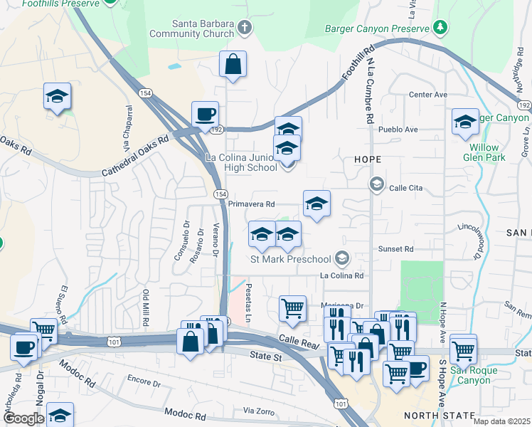 map of restaurants, bars, coffee shops, grocery stores, and more near 4015 Primavera Road in Santa Barbara