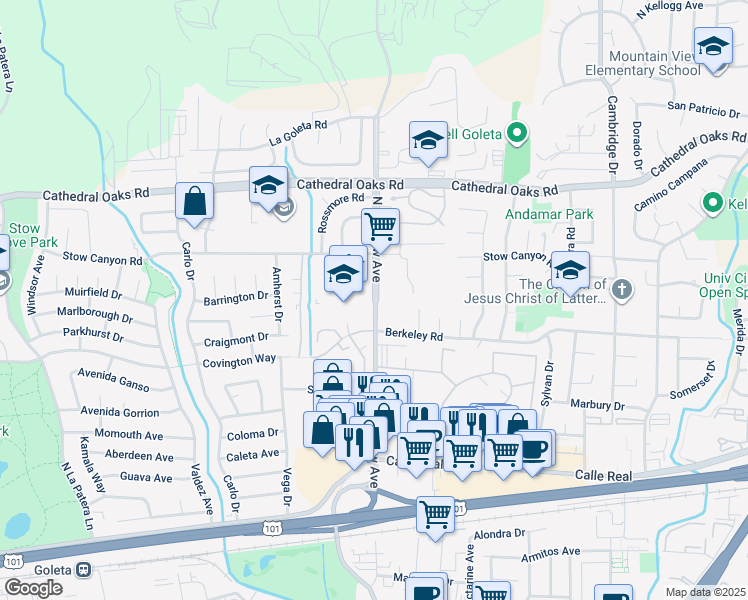map of restaurants, bars, coffee shops, grocery stores, and more near North Fairview Avenue in Goleta