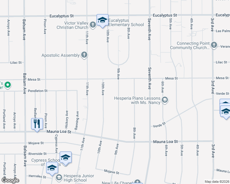 map of restaurants, bars, coffee shops, grocery stores, and more near 10834 9th Avenue in Hesperia