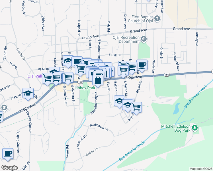 map of restaurants, bars, coffee shops, grocery stores, and more near 109 Fox Street in Ojai