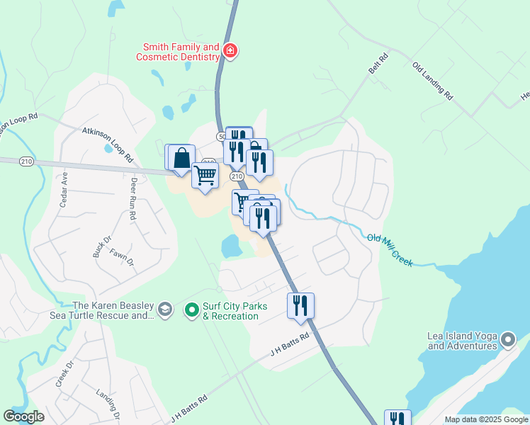 map of restaurants, bars, coffee shops, grocery stores, and more near 13660 North Carolina 50 in Surf City