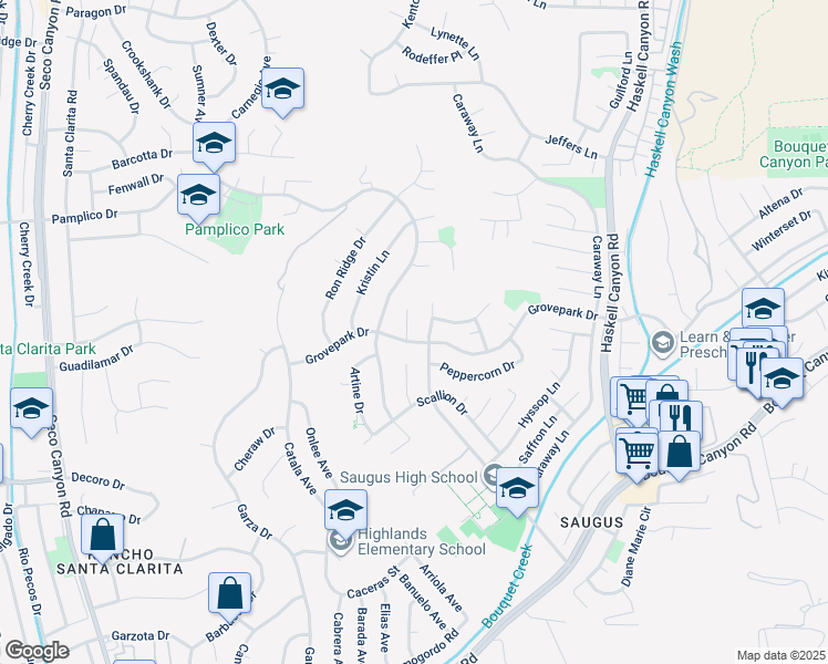 map of restaurants, bars, coffee shops, grocery stores, and more near 27610 Kevin Place in Santa Clarita