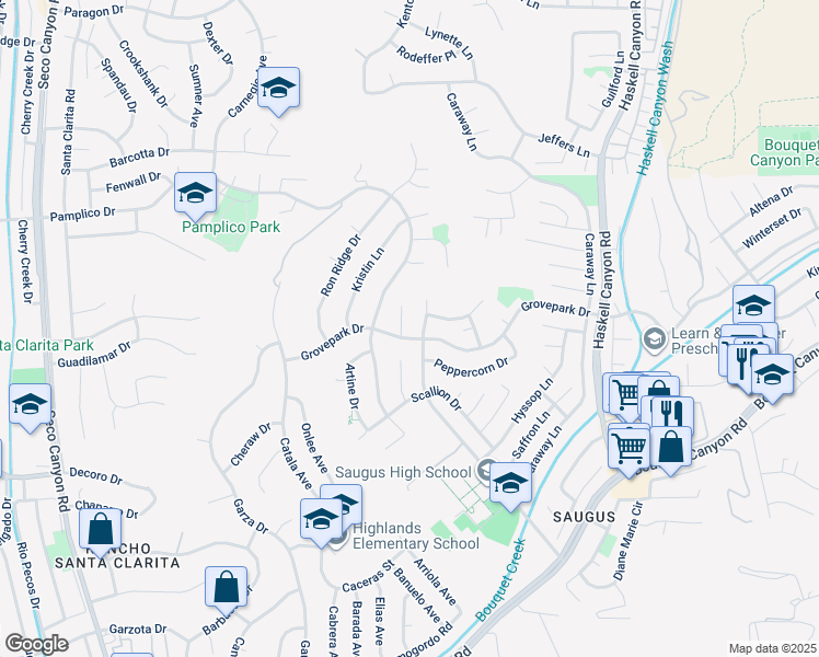 map of restaurants, bars, coffee shops, grocery stores, and more near 27610 Kevin Place in Santa Clarita