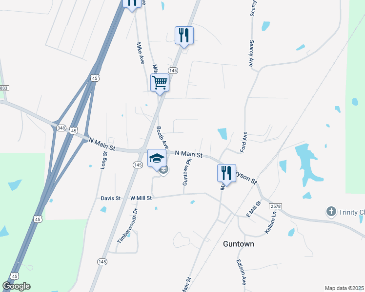 map of restaurants, bars, coffee shops, grocery stores, and more near 100-144 Booth Avenue in Guntown