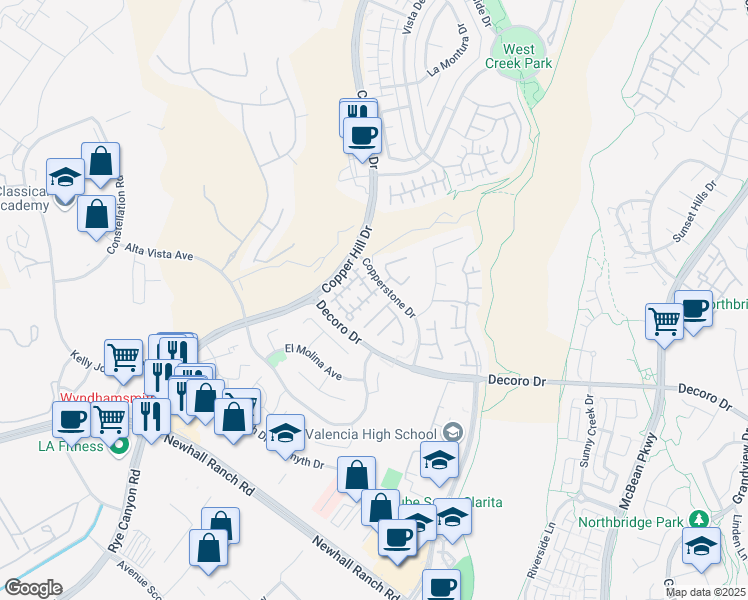 map of restaurants, bars, coffee shops, grocery stores, and more near 24428 Montevista Circle in Santa Clarita