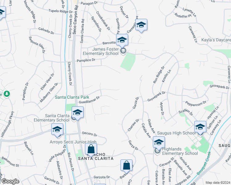 map of restaurants, bars, coffee shops, grocery stores, and more near 22422 Los Rogues Drive in Santa Clarita