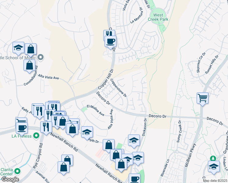 map of restaurants, bars, coffee shops, grocery stores, and more near 24428 Montevista Circle in Santa Clarita
