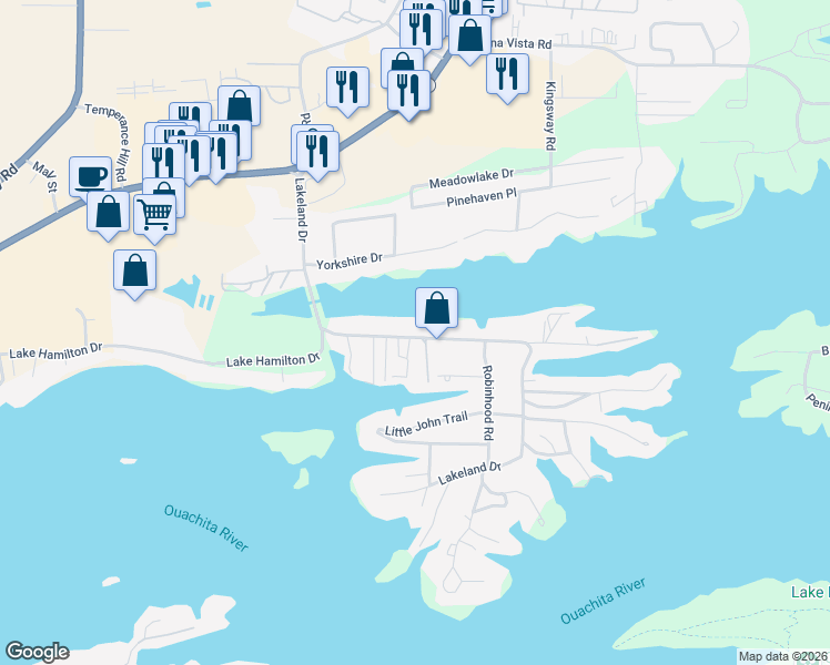 map of restaurants, bars, coffee shops, grocery stores, and more near 379 Lakeland Drive in Hot Springs
