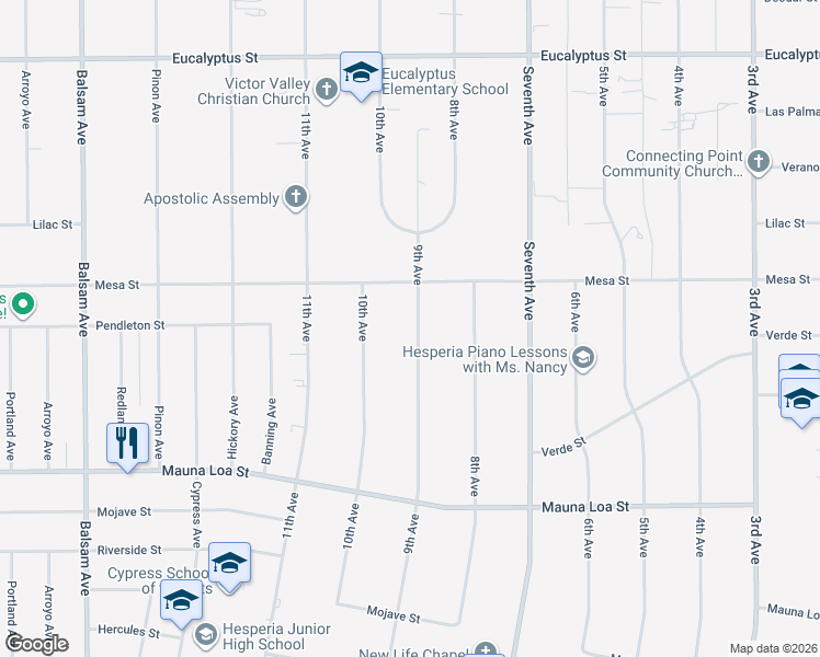 map of restaurants, bars, coffee shops, grocery stores, and more near 10834 9th Avenue in Hesperia
