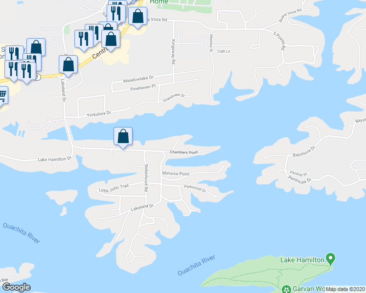map of restaurants, bars, coffee shops, grocery stores, and more near 107 Chambers Point in Hot Springs