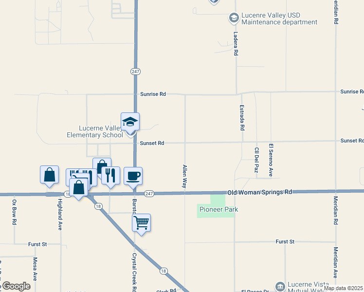 map of restaurants, bars, coffee shops, grocery stores, and more near 10656 Allen Way in Lucerne Valley