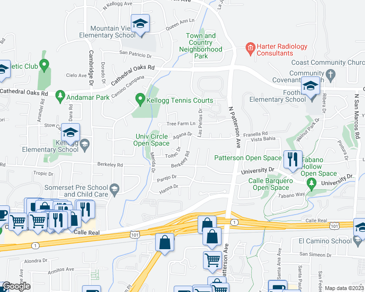 map of restaurants, bars, coffee shops, grocery stores, and more near 5425 Toltec Drive in Santa Barbara