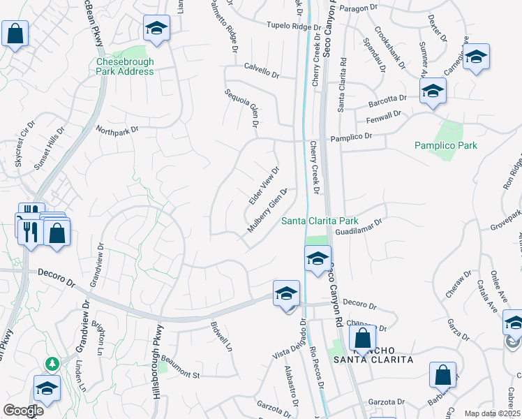 map of restaurants, bars, coffee shops, grocery stores, and more near 22977 Mulberry Glen Drive in Santa Clarita