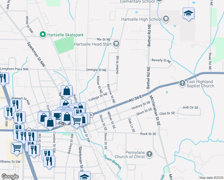 map of restaurants, bars, coffee shops, grocery stores, and more near 305 Morrow Street Northeast in Hartselle