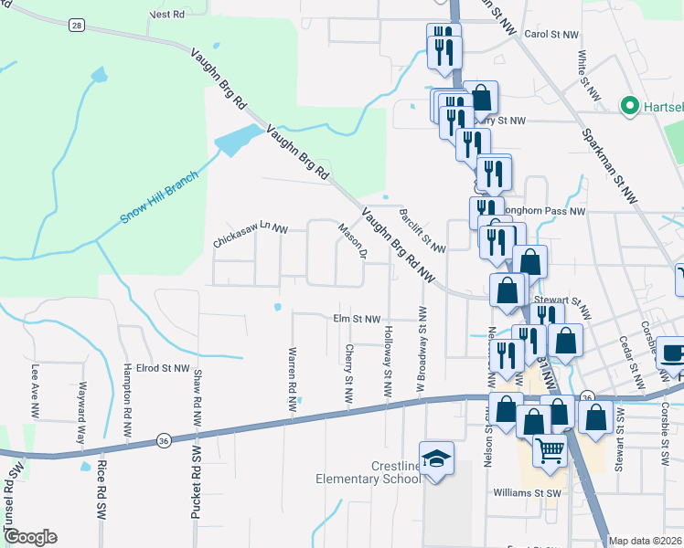 map of restaurants, bars, coffee shops, grocery stores, and more near 1010 Mason Drive in Hartselle