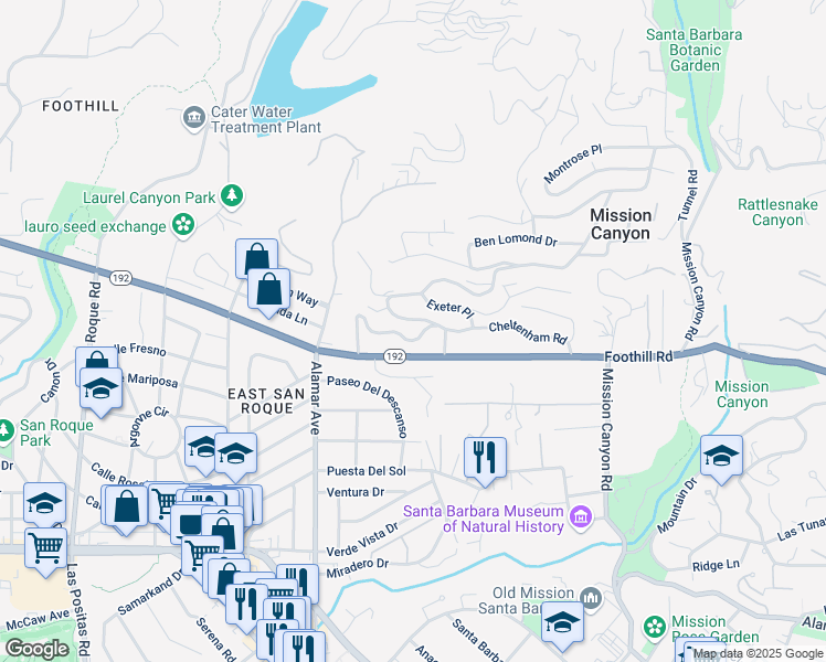 map of restaurants, bars, coffee shops, grocery stores, and more near 875 Cheltenham Road in Santa Barbara