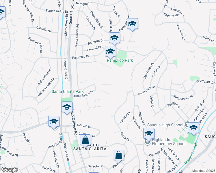 map of restaurants, bars, coffee shops, grocery stores, and more near 22422 Los Rogues Drive in Santa Clarita