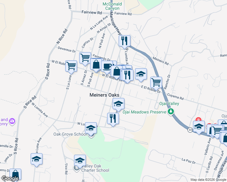 map of restaurants, bars, coffee shops, grocery stores, and more near South Pueblo Avenue in Meiners Oaks