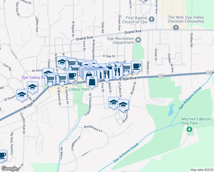 map of restaurants, bars, coffee shops, grocery stores, and more near 109 Bald Street in Ojai