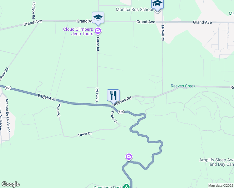 map of restaurants, bars, coffee shops, grocery stores, and more near 3359 Reeves Road in Ojai