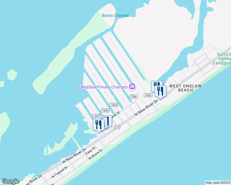 map of restaurants, bars, coffee shops, grocery stores, and more near 6041 6th Street in Surf City
