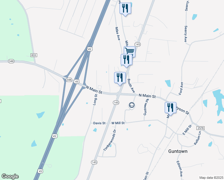 map of restaurants, bars, coffee shops, grocery stores, and more near 109 Saint Thomas Drive in Guntown