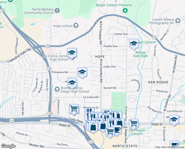 map of restaurants, bars, coffee shops, grocery stores, and more near 533 North La Cumbre Road in Santa Barbara