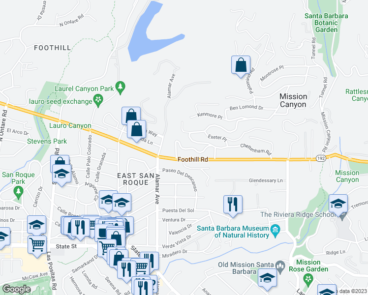 map of restaurants, bars, coffee shops, grocery stores, and more near 2970 Glen Albyn Dr in Santa Barbara