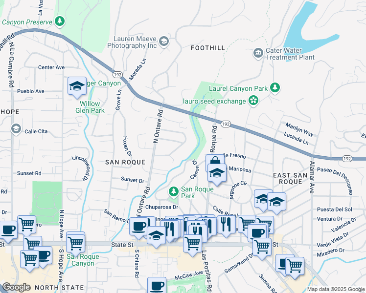 map of restaurants, bars, coffee shops, grocery stores, and more near 126 Saint Francis Way in Santa Barbara