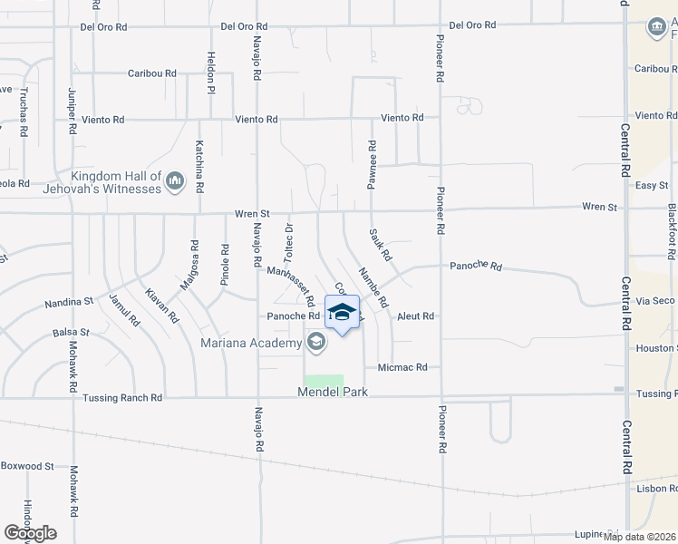 map of restaurants, bars, coffee shops, grocery stores, and more near 10761 Cochiti Road in Apple Valley