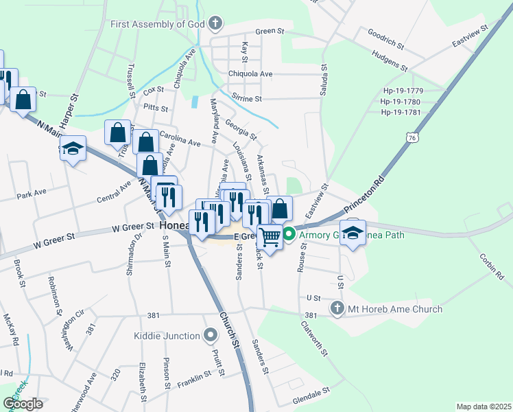 map of restaurants, bars, coffee shops, grocery stores, and more near 500 Laurel Street in Honea Path