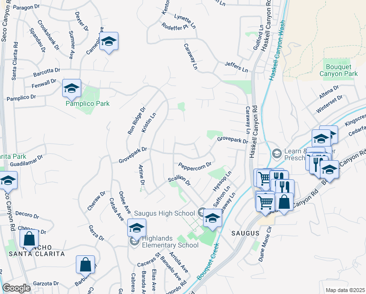 map of restaurants, bars, coffee shops, grocery stores, and more near 21962 Marjoram Court in Santa Clarita