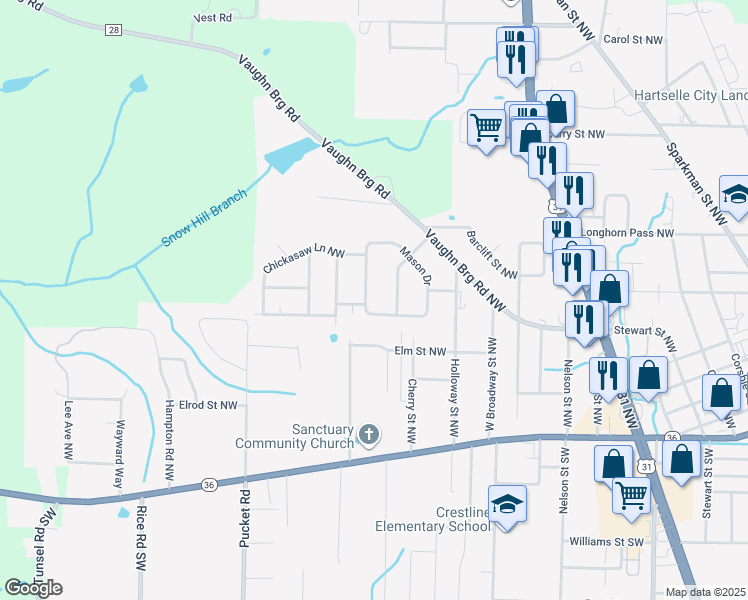 map of restaurants, bars, coffee shops, grocery stores, and more near 1104 Mason Drive in Hartselle