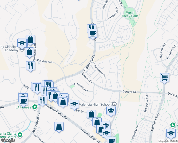 map of restaurants, bars, coffee shops, grocery stores, and more near 24614 Montevista Circle in Santa Clarita