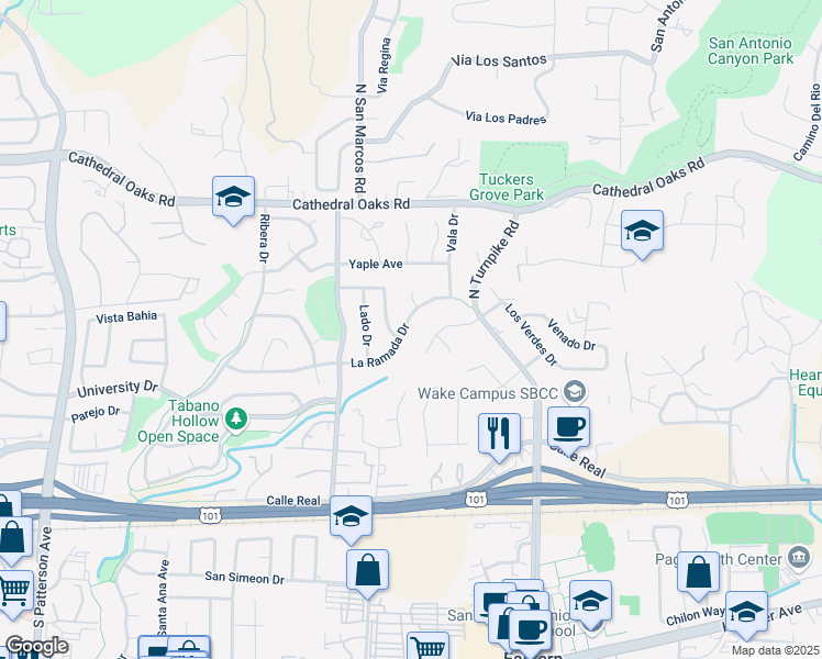 map of restaurants, bars, coffee shops, grocery stores, and more near 4951 La Ramada Drive in Santa Barbara